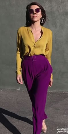 Blouse and wide leg pants elevated with color and statement earrings Color Combinations For Clothes, Inspired Outfits