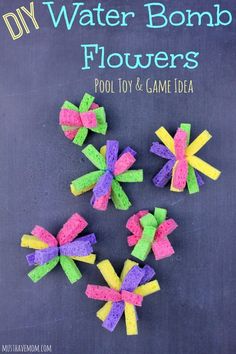 diy water bomb flowers made with pool toy and game idea on a chalkboard