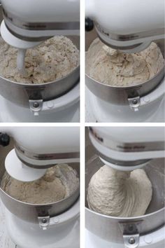 four pictures show the process of making dough in a blender and then mixing it