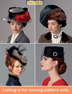 "Sewing Pattern Make Historical Hats for Women Uncut and Factory Folded This listing is for one sewing pattern to make all of the items listed below. Directions and pattern pieces are included. Please note that anything else shown as well as any fabric or supplies needed are not included. These hats will be that finishing touch to your steampunk costume, 1920's throwback style, and more! Sew a beret style hat with contrast decorative knot. Pillbox hat has contrast bow and binding. Victorian hat Vintage Mini Hats For Costume Party, Vintage Fitted Hat For Costume Party, Elegant Fitted Mini Hats For Costume, Elegant Fitted Mini Hats For Costumes, Fitted Fascinator For Costume Occasions, 1920s Hats Women, Steampunk Hats Women, Steampunk Fashion Women, Hat Sewing Pattern