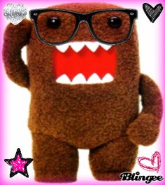 a brown teddy bear wearing glasses and a pink frame with the words bingge on it