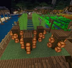 an image of a wooden table and chairs in the minecraft environment at night time