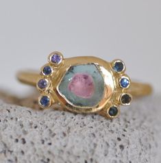 Watermelon Tourmaline RingBlue Sapphire Ring18k Gold | Etsy Tormalean Rings, Colored Gem Stone Rings, Colourful Stone Rings, Ruby Tourmaline Ring, Natural Stone Ring Handmade, Gemstone Rings Unique Vintage, Tourmaline Jewelry Gold, Precious Stones Ring, Watermelon Turmaline Ring