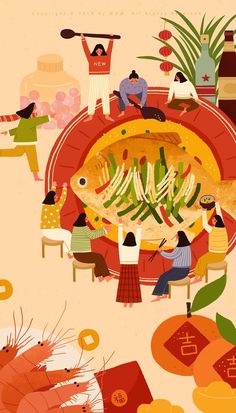 an illustration of people sitting at a table with food