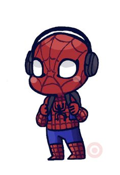 a spider man with headphones on his face and ear phones around his neck, standing in front of a white background