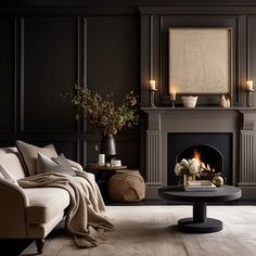 a living room filled with furniture and a fire place in front of a wall mounted fireplace