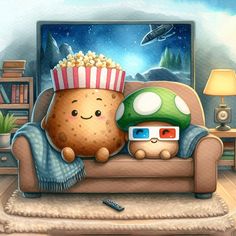 a painting of a potato watching movies on the couch