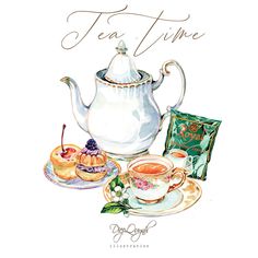 watercolor painting of tea time with pastries and cupcakes on saucer