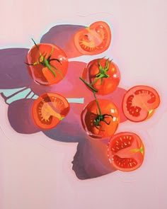 an oil painting of tomatoes on a pink background with green stems in the shape of a human head