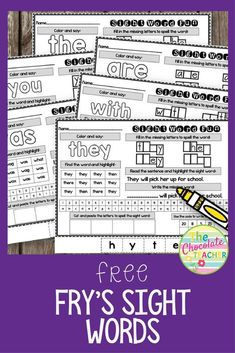 five fry's sight words worksheets with purple background