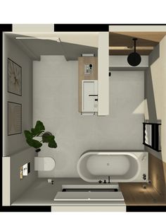 an overhead view of a bathroom with a bathtub, toilet and sink in it