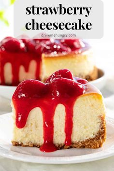 two cheesecakes with strawberry sauce on top