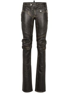 black leather contrast stitching low-rise belt loops front button and zip fastening multiple zip-fastening pockets two rear patch pockets bootcut ankle zips Low Contrast Style, Cool Leather Pants, Low Waisted Black Pants, Edgy Black Women, 2000s Fashion Black, Low Rise Leather Pants, Chrome Hearts Leather, Boyfriend Outfit