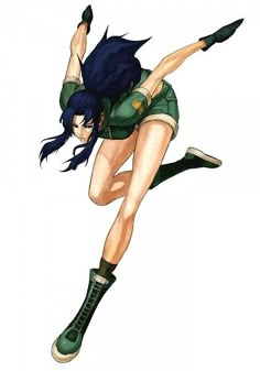 an anime character is flying through the air with her arms out and legs spread wide