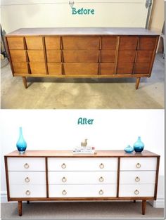 before and after shots of an old dresser turned into a modern sideboard with drawers