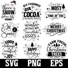 six christmas svg files for silhouettes and cut outs, including snowflakes