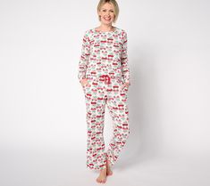 Ring in the holiday season with these holly jolly pajamas. Not only are they soft, cozy, and warm, they feature a smile-inducing print that's bound to elevate your mood. From MUK LUKS x Jen Coffey.     Original item is A625558. This product may be a customer return, vendor sample, or on-air display and is not in its originally manufactured condition. It may not be new. In some instances, these items are repackaged by QVC. Spandex Pants, Spandex Top, Knit Pants, Holly Jolly, Printed Pants, Black Friday Sale, Workout Pants, Pajama Set, Knit Top