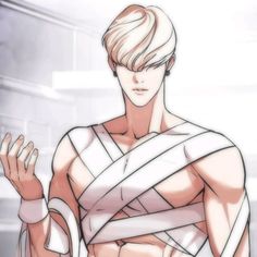 an anime character with his arm wrapped in bandages