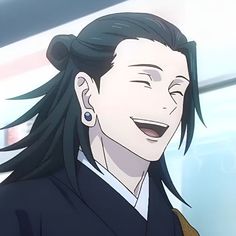 an anime character with long black hair smiling