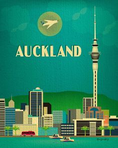 an image of a city with the words auckland on it's side