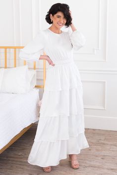 White Church Dresses, Neesees Dresses, Temple Dress, Tiered Ruffle Skirt, Full Length Dress, Ruffle Skirt