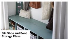 a blue bench with shoes and boot storage plans