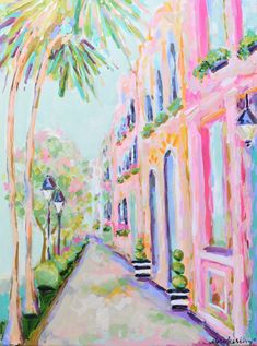 an oil painting of a street with palm trees and buildings on either side, in pastel colors