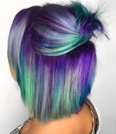 Grey Hair With Colored Highlights, Fun Hair For Blondes, Mermaid Colored Hair, Northern Lights Hair Color, Fun Color Hair Ideas For Blondes, Crazy Hair Colors For Short Hair, Aurora Borealis Hair, Vibrant Hair Color Ideas Short, Short Mermaid Hair