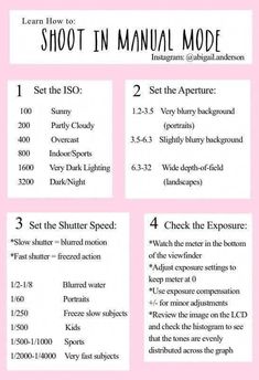 a pink poster with instructions for how to shoot in manual mode