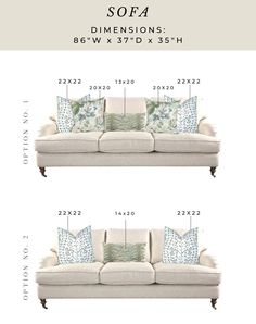 the sofa and loveseat sizes are shown in three different styles, including one with pillows