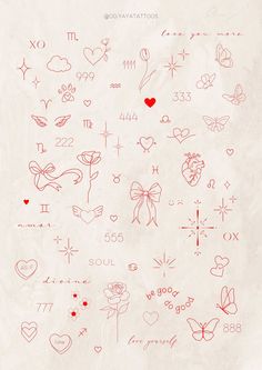 the back side of a piece of paper with hearts and arrows on it, all drawn in red ink