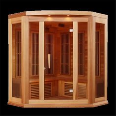 a wooden sauna with three doors and two windows