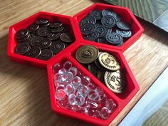 Organize your board game night with these 3D printed gaming accessories.  These trays will help you organize the tokens, dice, cubes, coins, etc. for ease of access during your game session.  They are available in a single, double, double offset or triple configuration and embedded rare earth magnets, allowing you and your friends to create the exact combination required for any tabletop game, such as Viticulture, Wingspan, Quacks of Quedlingburg and so on, possibilities are endless. hexagon size is 14cm between edges and 1,5 cm high These trays are 3D printed with PLA and can be made in any color at request! Board Game Night, Rare Earth Magnets, Puzzle Board, Tabletop Games, Game Night, Puzzle Game, Game Item, Gaming Accessories, 3d Printed