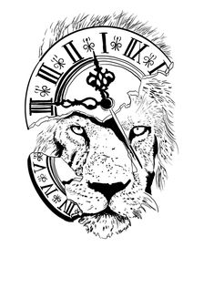 a black and white drawing of a lion's face with roman numerals