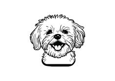 a black and white drawing of a dog's face with its tongue out,