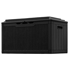 a black plastic storage box on a white background