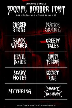 some type of font that is in different styles and colors, with the words special horror font