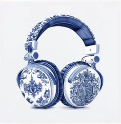 the headphones are decorated with blue and white designs