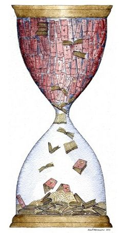 an hourglass with money coming out of it and falling down the side, watercolor on paper