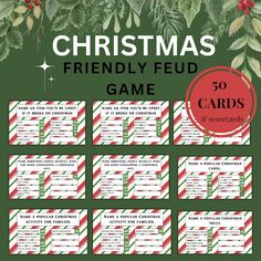 christmas themed game cards with holly branches and candy canes on the front, in red and green