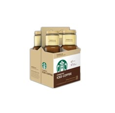 three starbucks iced coffees in a cardboard box with the lids open on each side