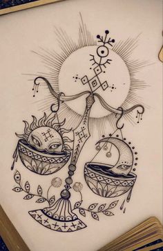 a drawing of two bowls with food on them and the sun in the sky above