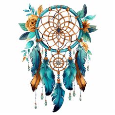 a drawing of a dream catcher with feathers and flowers