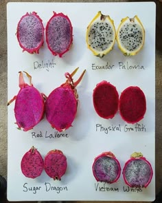 the different types of dragon fruit are displayed on a white board with writing underneath it