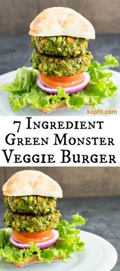 an image of a green monster veggie burger on a plate with lettuce and tomato