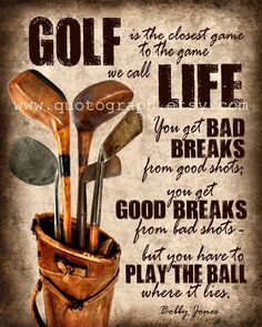 a poster with golf clubs in a bucket and the words golf life written on it