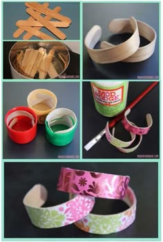 the steps to make an origami bracelet with strips of wood, glue and paper