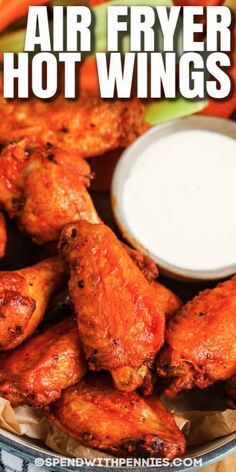 air fryer chicken wings with ranch dip in the middle