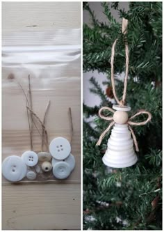 two pictures one with buttons and the other with an ornament hanging from a tree