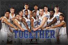 a group of men standing next to each other in front of a basketball team poster